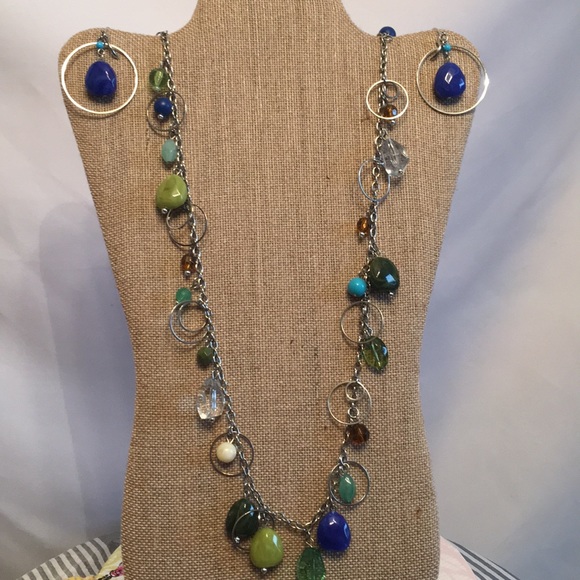 Long 34” zen stone Necklace with Earrings. Boho EUC - Picture 1 of 5